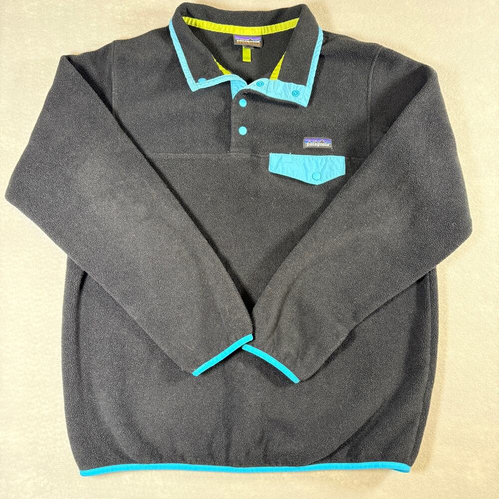 Womens Patagonia Synchilla black & turquoise 25455 Snap-T fleece pullover sz XL